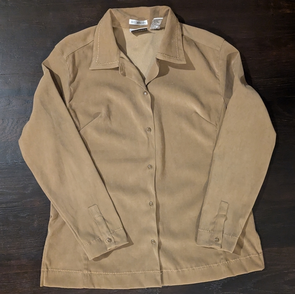 Y2K Tan Faux Suede Womens Large Button Up Top Western Vintage Fashion Bug Camel